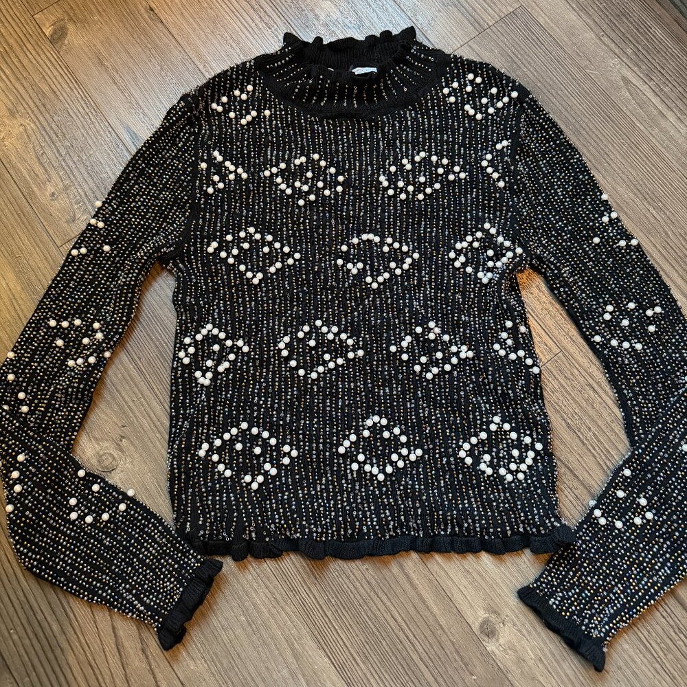 ZARA Beaded Pearl Black Frill Turtleneck - Small